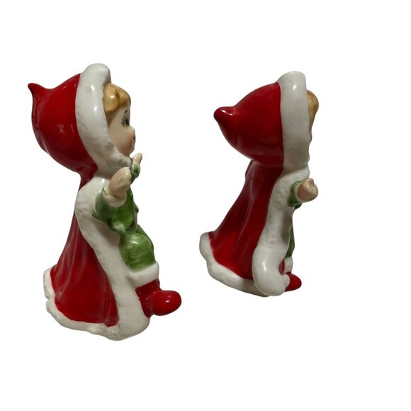 Christmas Pixie Girl Elf Cape Red Green Porcelain Holiday Vtg Figurines Japan - Picture 3 of 7